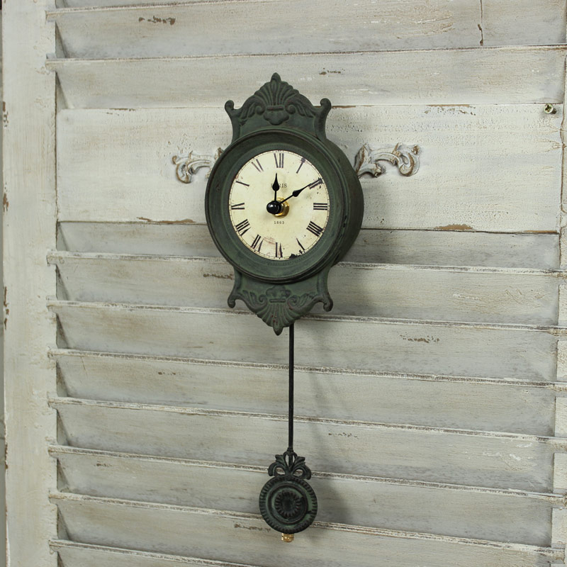 Grey metal small wall clock pendulum shabby french chic living room bedroom