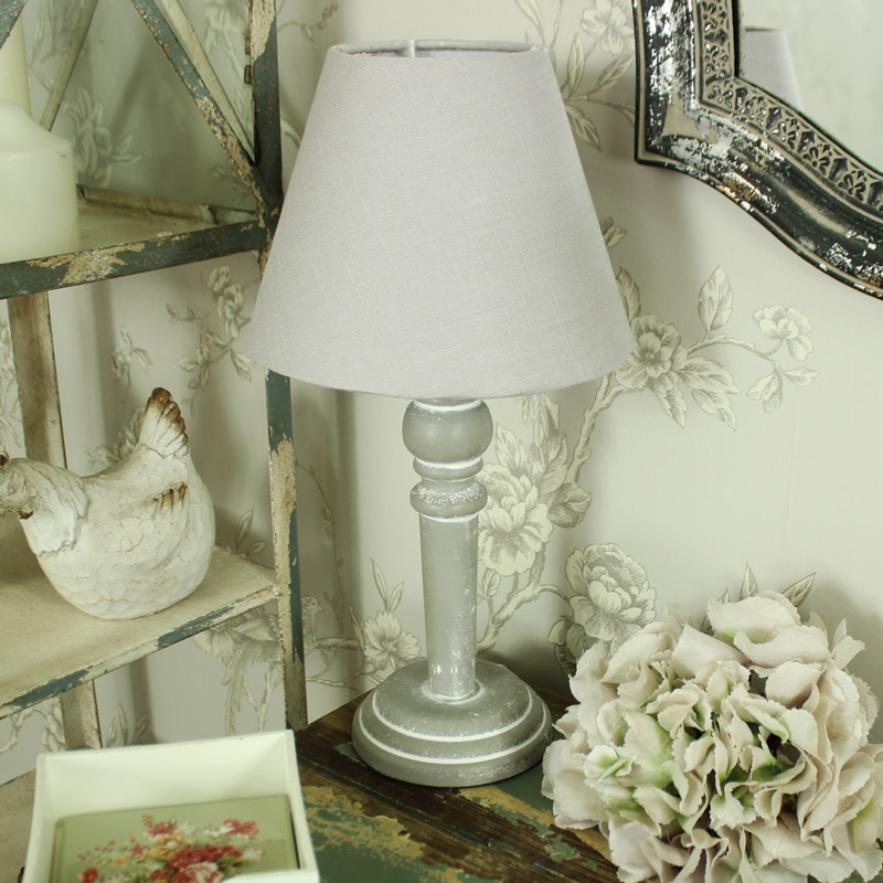 Grey Wooden Table/Bedside Lamp with Beige Linen Shade - Melody Maison®