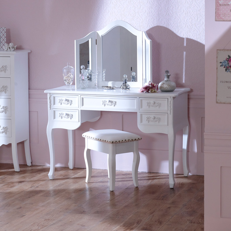 Antique White Dressing Table Desk With Triple Mirror And Stool