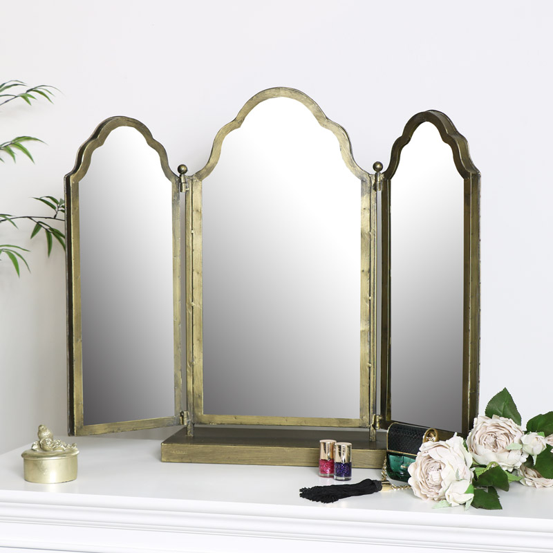 Antique Brass Dressing Table Mirror, Vintage Tri Fold Vanity Mirror