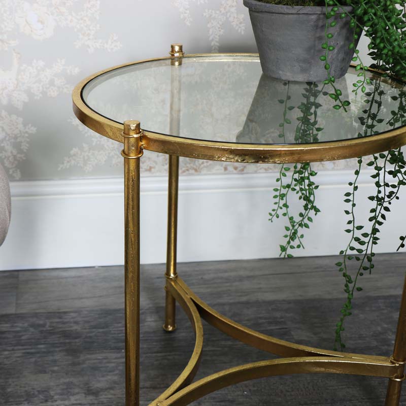 Antique Gold Round Glass Top Side Table, Small Round Glass Side Table Uk