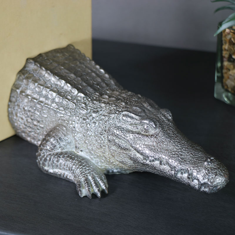 Antique Silver Crocodile Bookends
