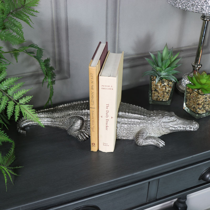 Antique Silver Crocodile Bookends