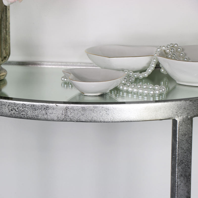 Antique Silver Mirrored Half Moon Console Table