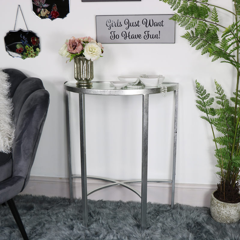 Antique Silver Mirrored Half Moon Console Table