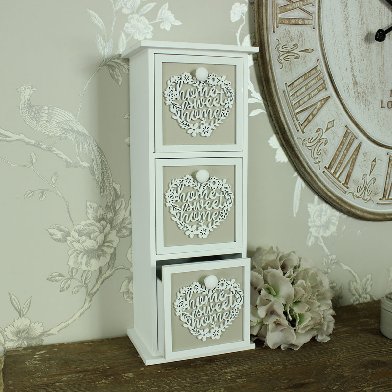 Antique White 3 Drawer Wooden Heart Trinket Chest, Home Sweet Home