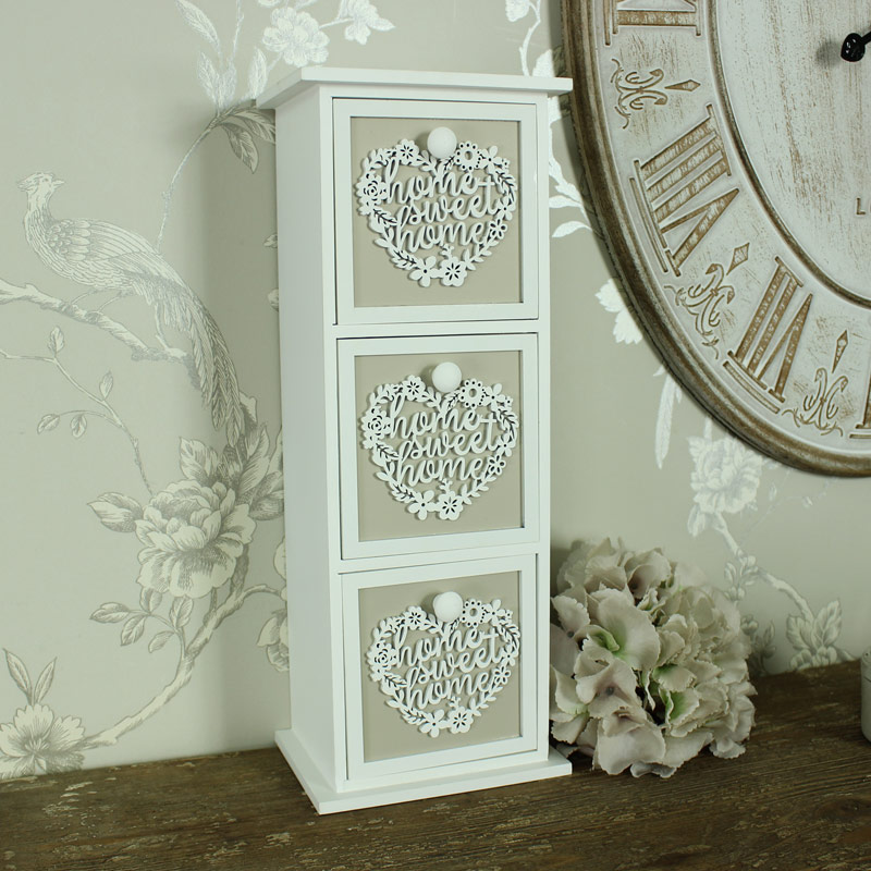 Antique White 3 Drawer Wooden Heart Trinket Chest, Home Sweet Home