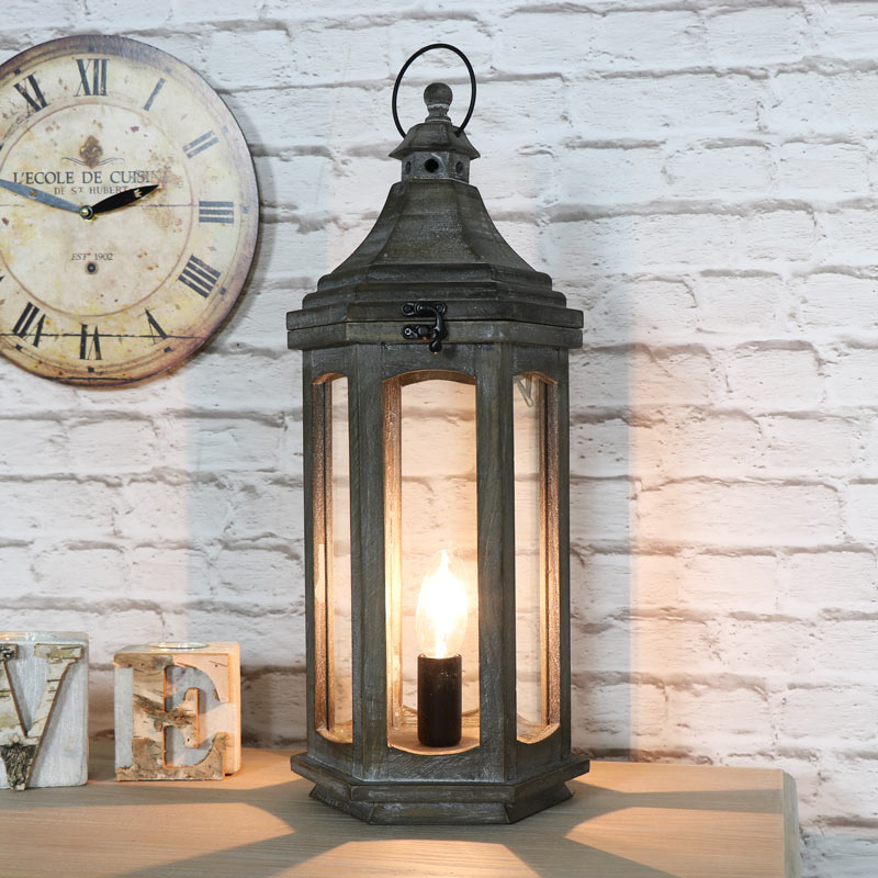 Antique Wooden Lantern Style Table Lamp, Rustic Wood Table Lamps Uk