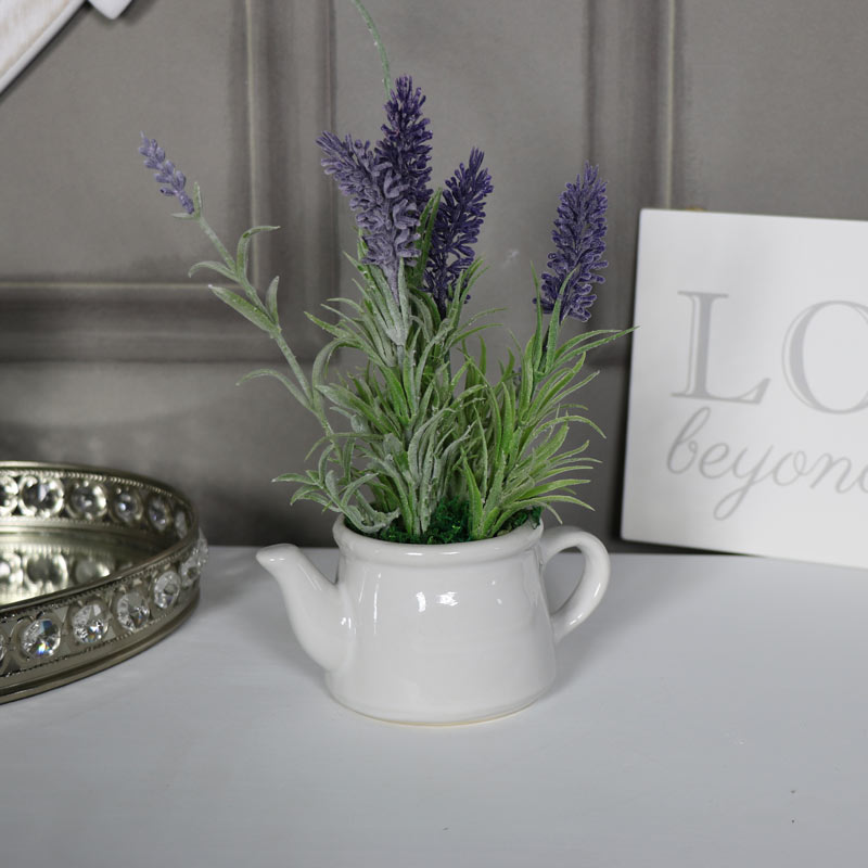 Artificial Lavender in White Teapot Holder