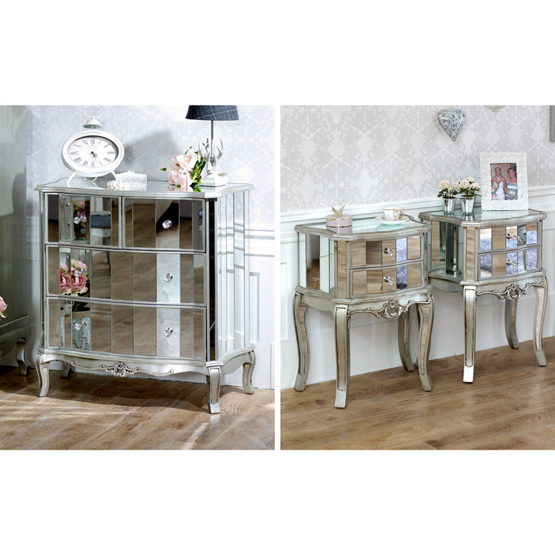 Bedroom Furniture Silver Mirrored Chest Of Drawers Pair Of Bedside Tables Tiffany Range