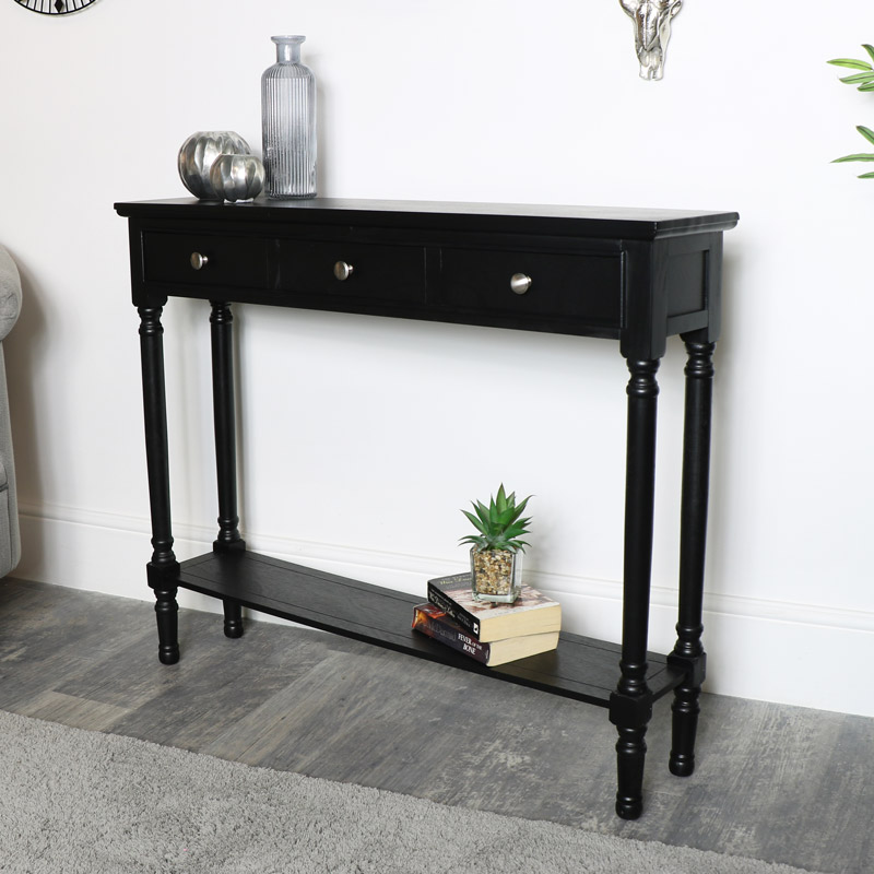 Black Console Table With Shelf, Sofa Table With Drawers And Shelves