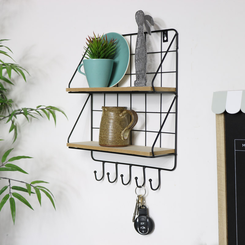 Black Metal Wire Wall Shelves With Hooks - Kitchen Wall Shelves With Hooks