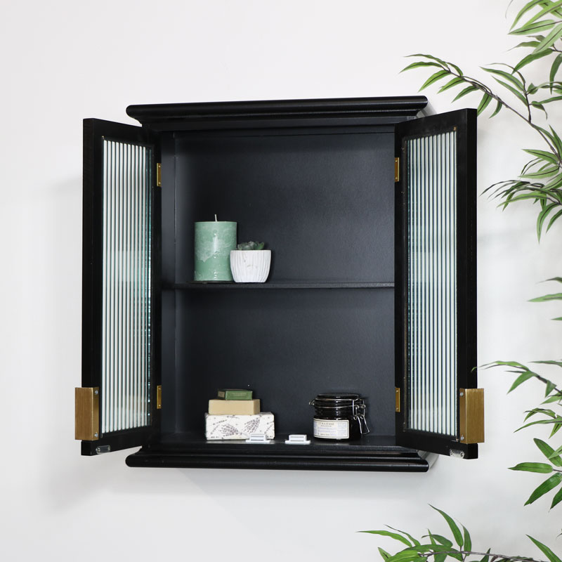 Black Reeded Glass Wall Cabinet, Black Wall Cabinet