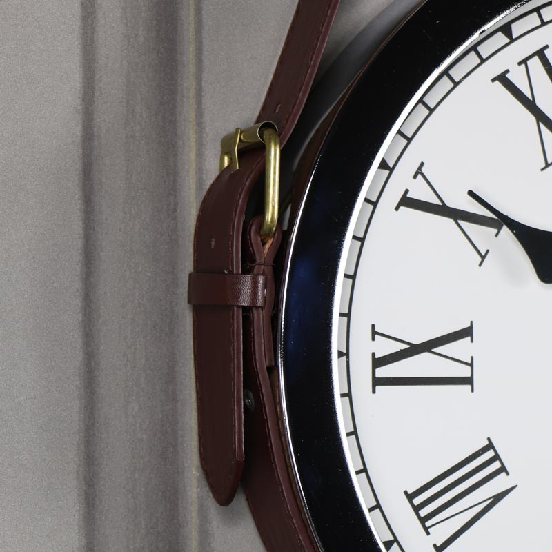 Polished Silver Wall Clock with Belt Strap Hanger