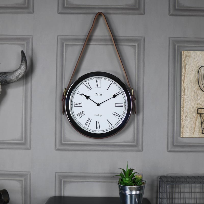 Polished Silver Wall Clock with Belt Strap Hanger