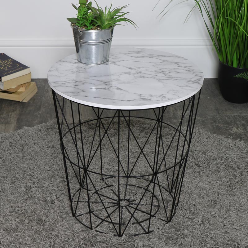 White Marble Effect Wire Basket Side Table, Round Wire Side Table