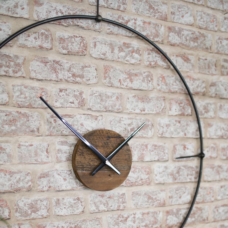 Black Wire Framed Clock with Wooden Face 71cm x 71cm