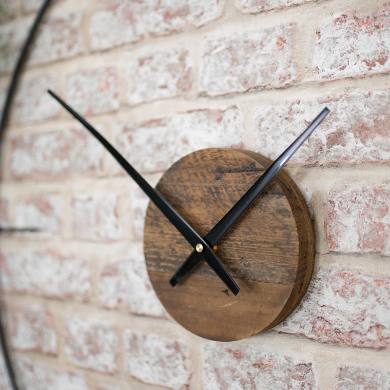 Black Wire Framed Clock with Wooden Face 71cm x 71cm