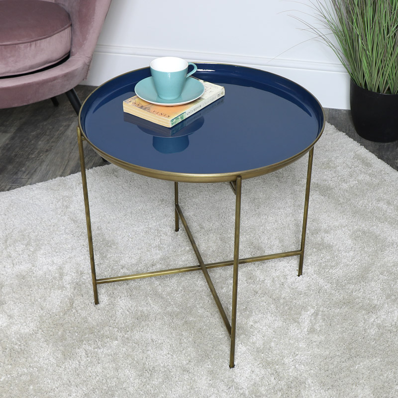 Blue Gold Side Table, Gold Circle Coffee Table Tray