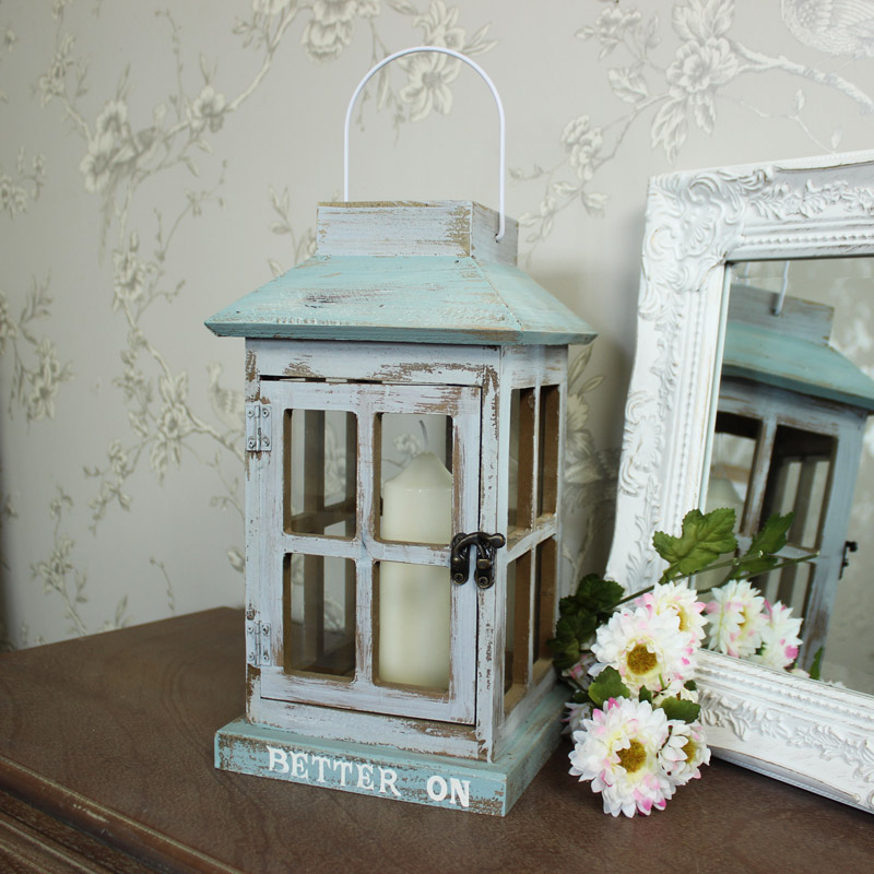 Blue Wooden Vintage Hanging Candle Lantern 