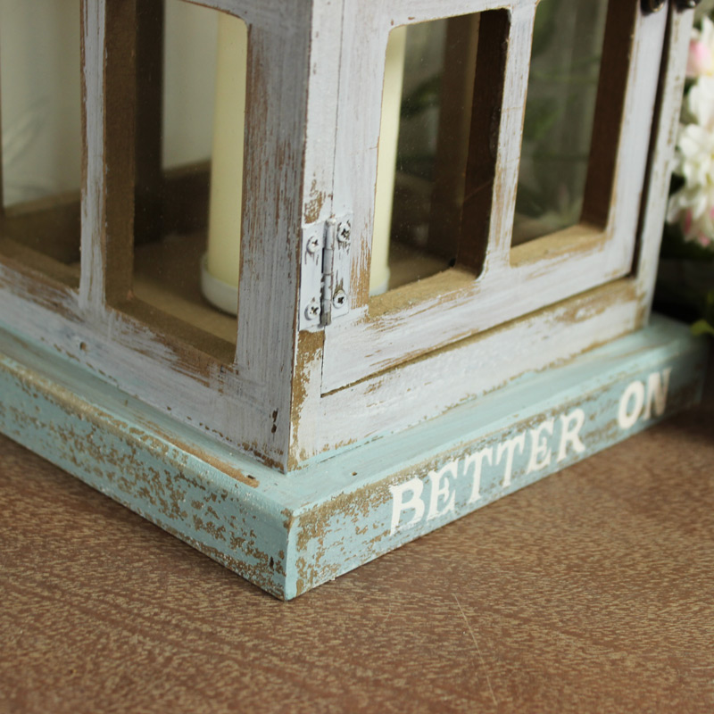 Blue Wooden Vintage Hanging Candle Lantern 