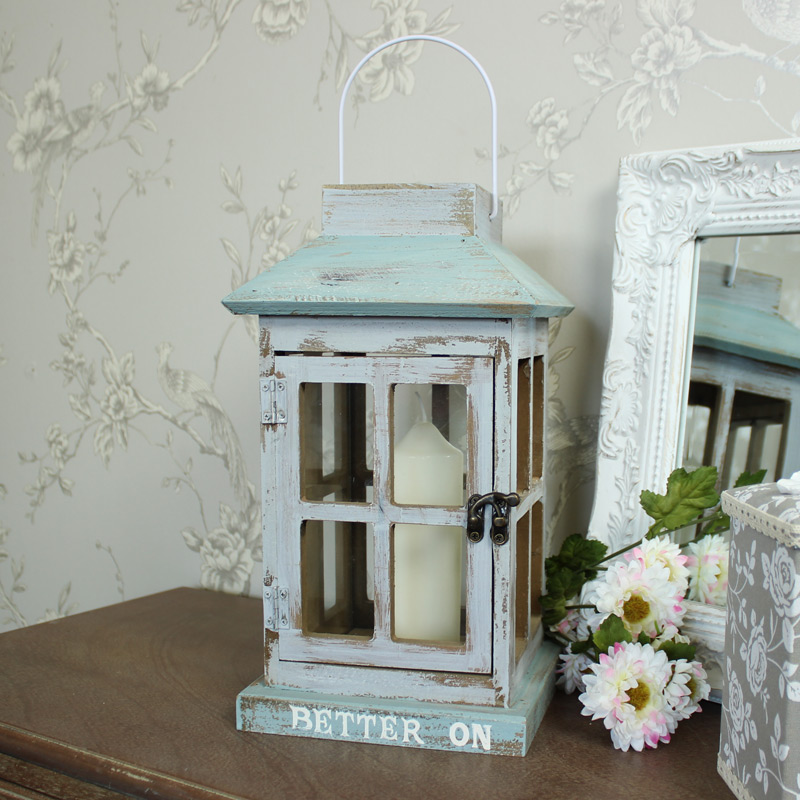 Blue Wooden Vintage Hanging Candle Lantern 