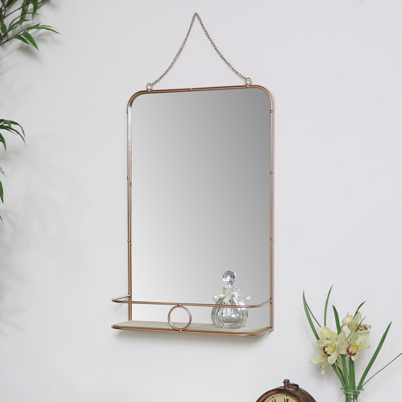 Brass Metal Vanity Wall Mirror With Shelf, Vanity Wall Mirrors For Bathroom