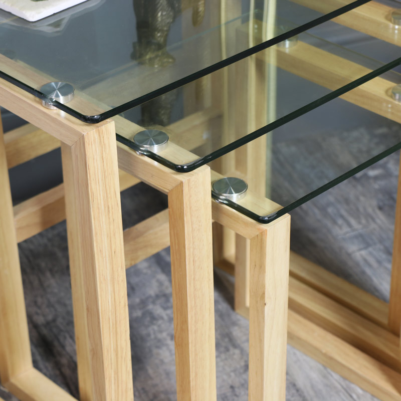 Clear Glass Topped Nest of Tables with Oak Legs EX-SHOWROOM ITEM 3013
