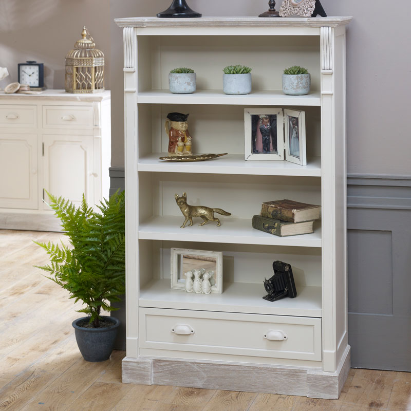 Cream Rustic Tall Bookcase With Drawer, Cream Wooden Bookcase