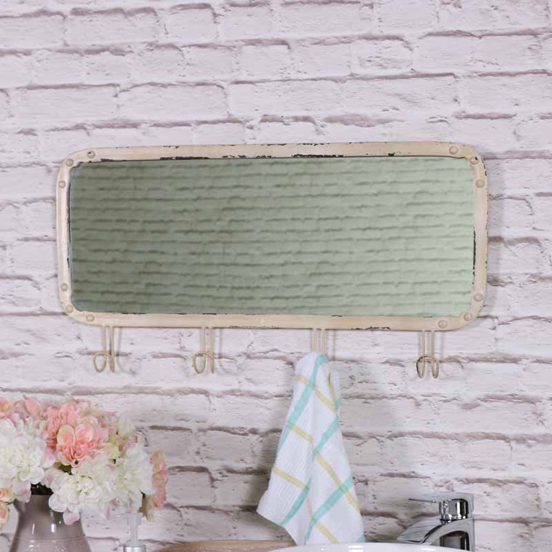 Cream Wall Mounted Mirror with Hooks