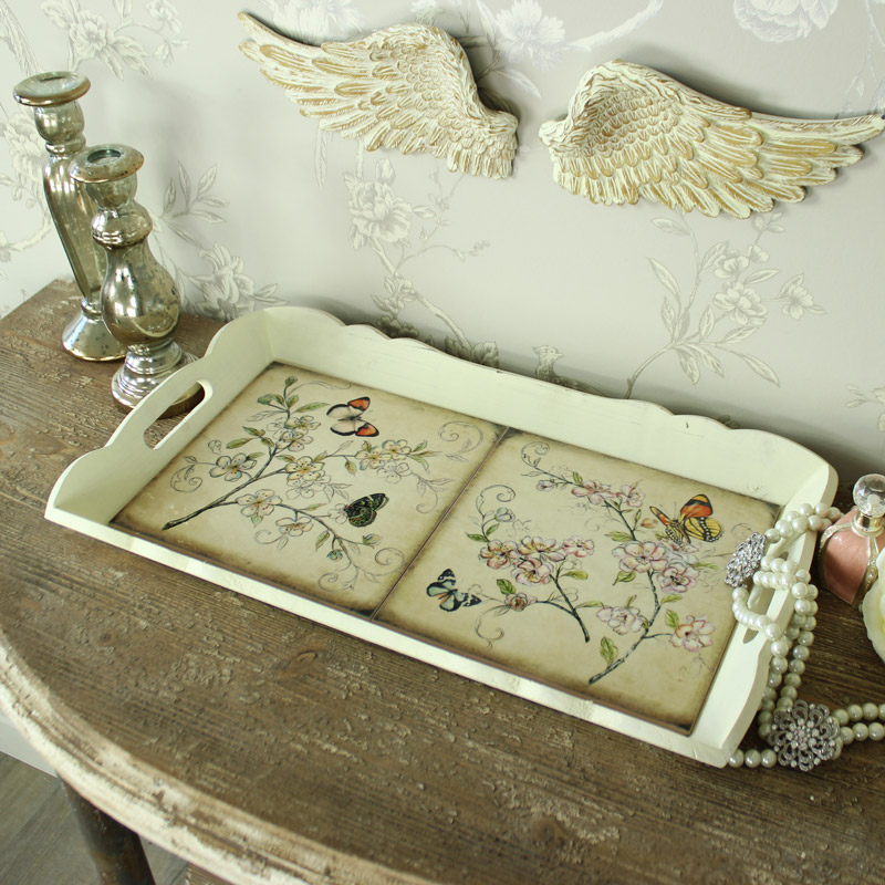 Cream Wooden Decorative Butterfly Tiled Serving Tray