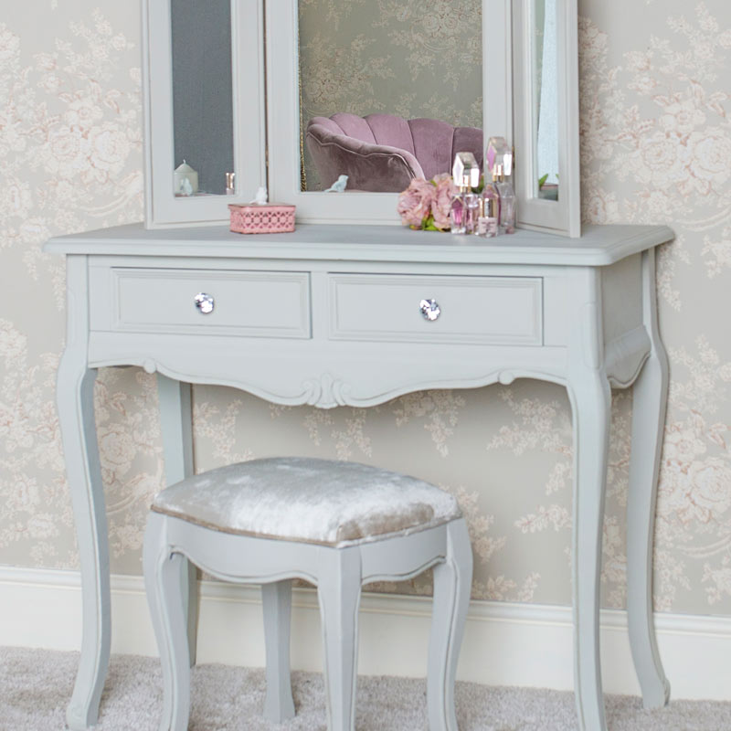 Dressing Table, Triple Mirror and Stool Set - Elise Grey Range