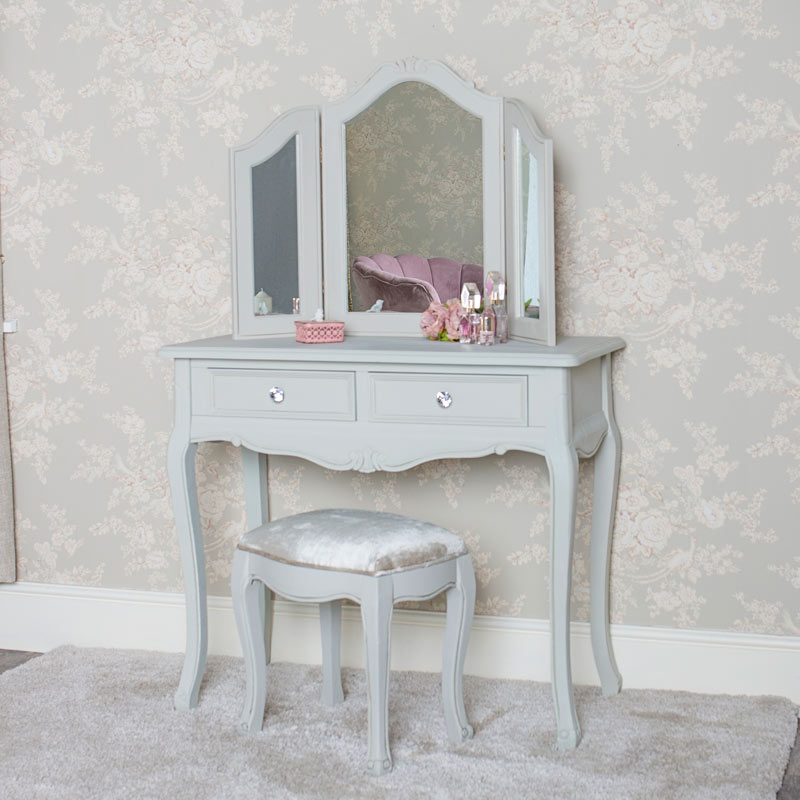 Dressing Table, Triple Mirror and Stool Set - Elise Grey Range