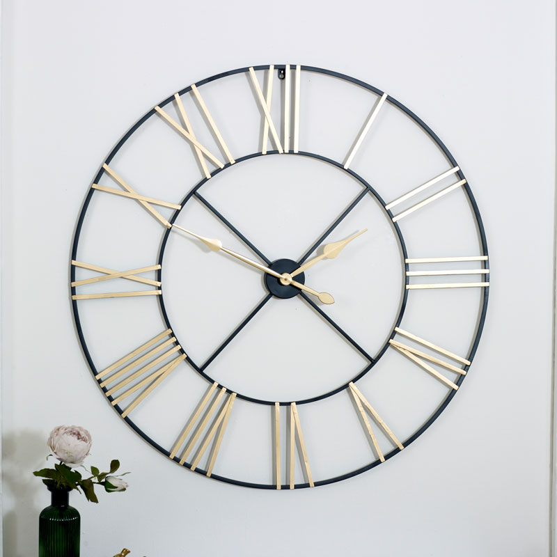 Extra Large Black Amp Gold Skeleton Wall Clock - Large Black Wall Clocks Uk