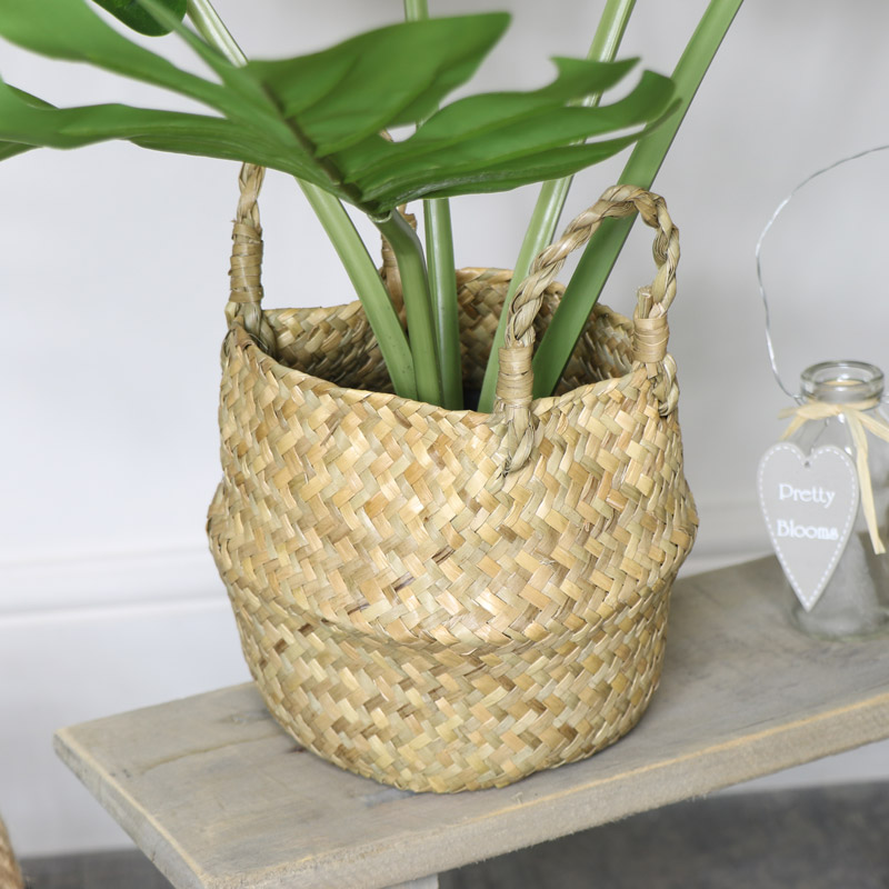 Faux Monstera Houseplant in Rattan Basket