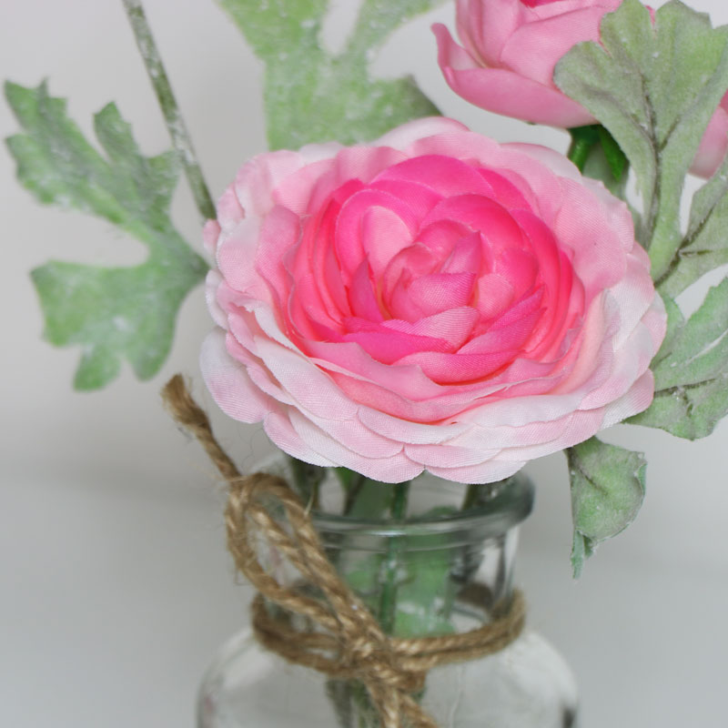 Faux Pink Flowers in Glass Jar