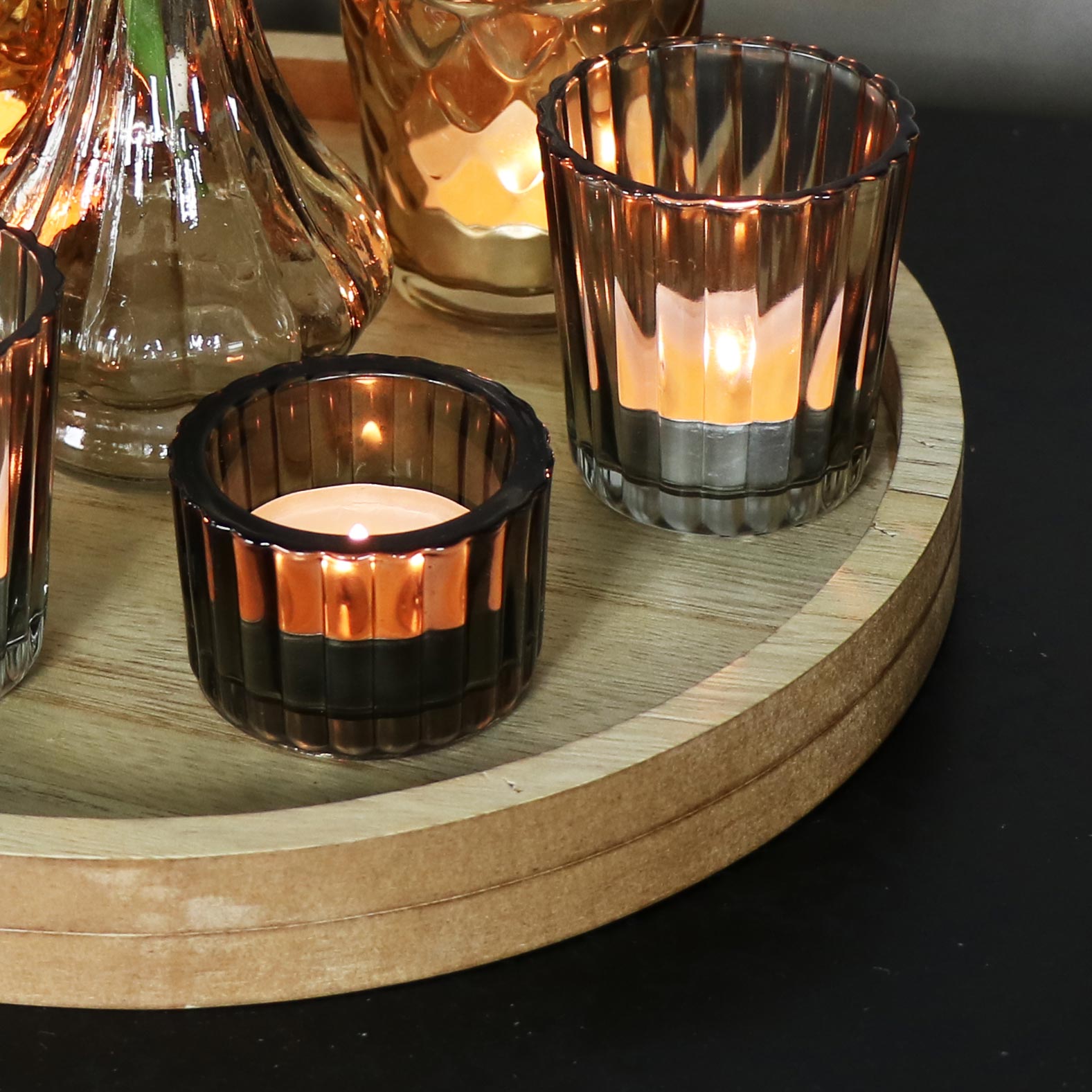 Glass Vase & Tealight Holders on Wooden Tray