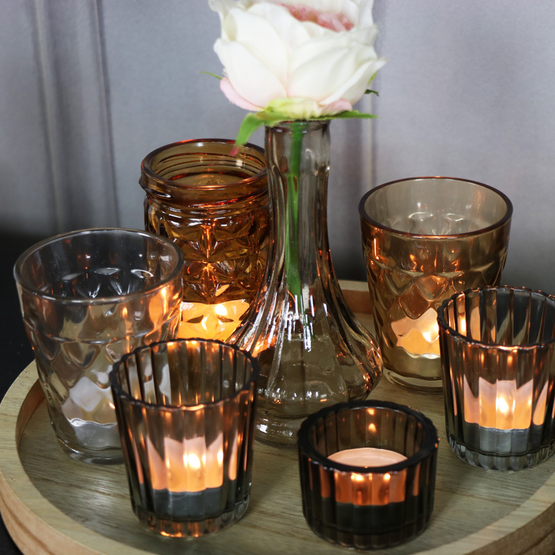 Glass Vase & Tealight Holders on Wooden Tray