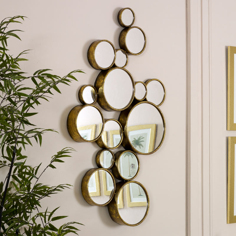 Gold Multi Circle Wall Mirror 61cm X 103cm, Mirrored Wall Photo Frames