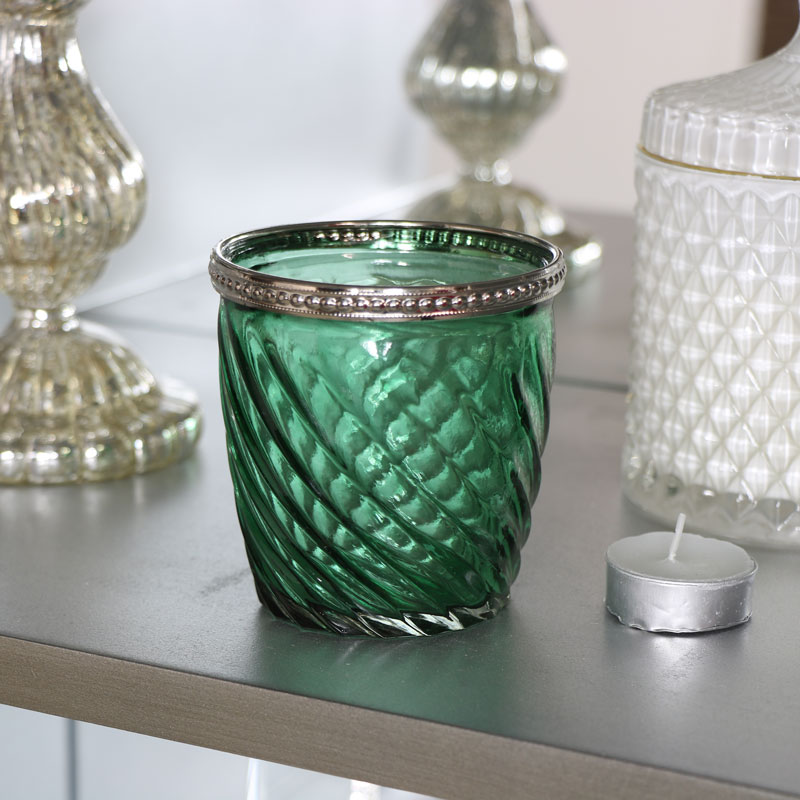 Green Glass Swirl Candle Holder