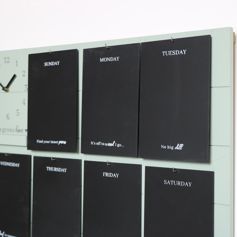 Green Wooden Memo Board with Clock & key hooks