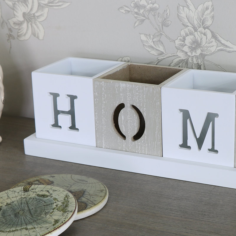 Grey and White 'HOME' Tealight Holder