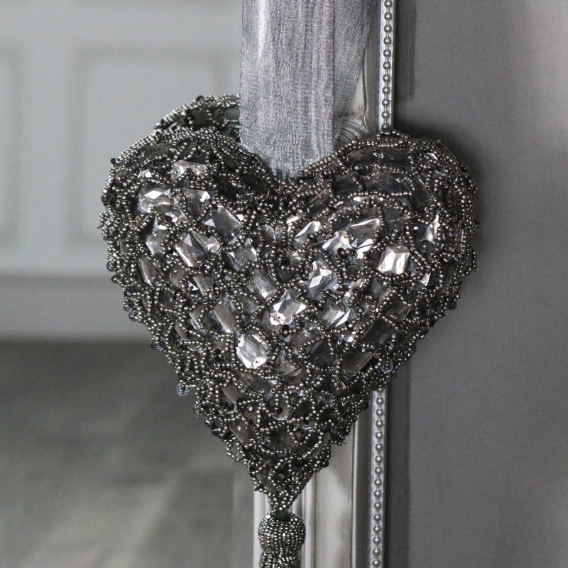 Grey Beaded Hanging Heart Decoration