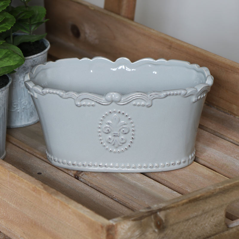 Grey Ceramic Oval Trough Planter