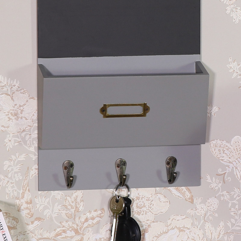 Grey Chalk Board Organiser with Key Hooks