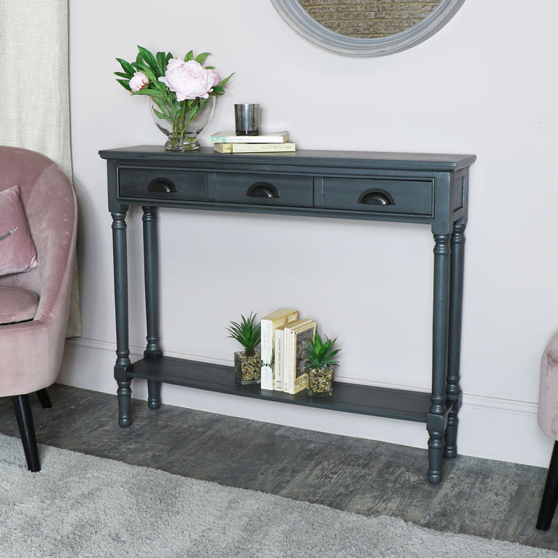Grey Console Table With Shelf, Sofa Table With Drawers And Shelves