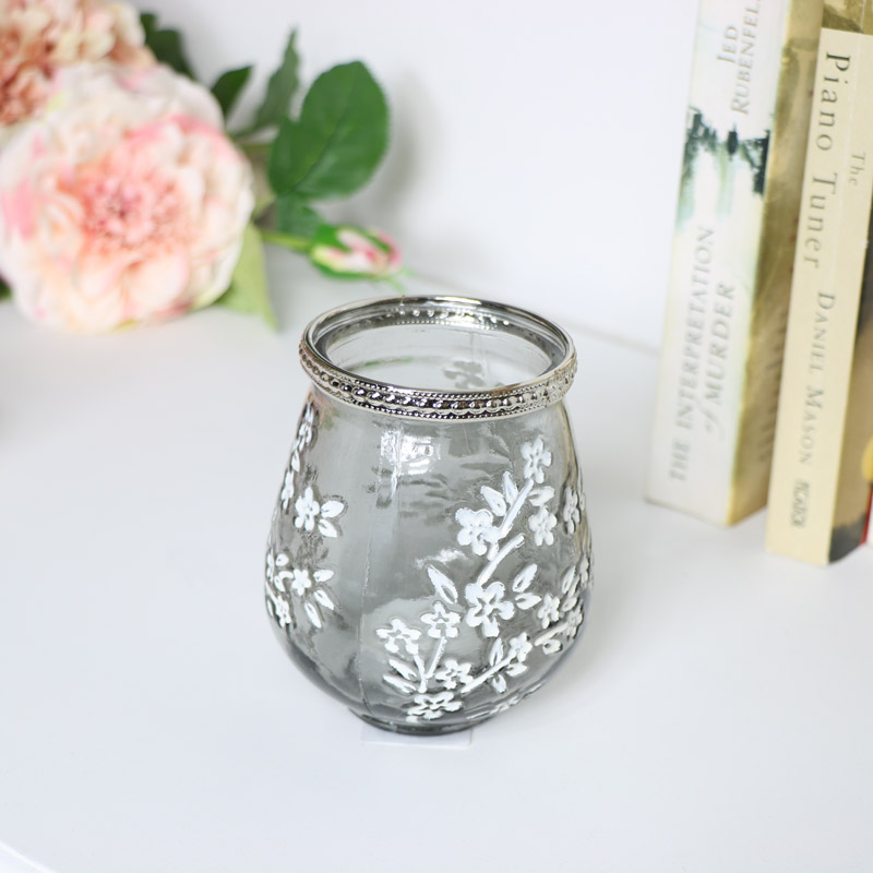 Grey Glass Blossom Tealight Holder