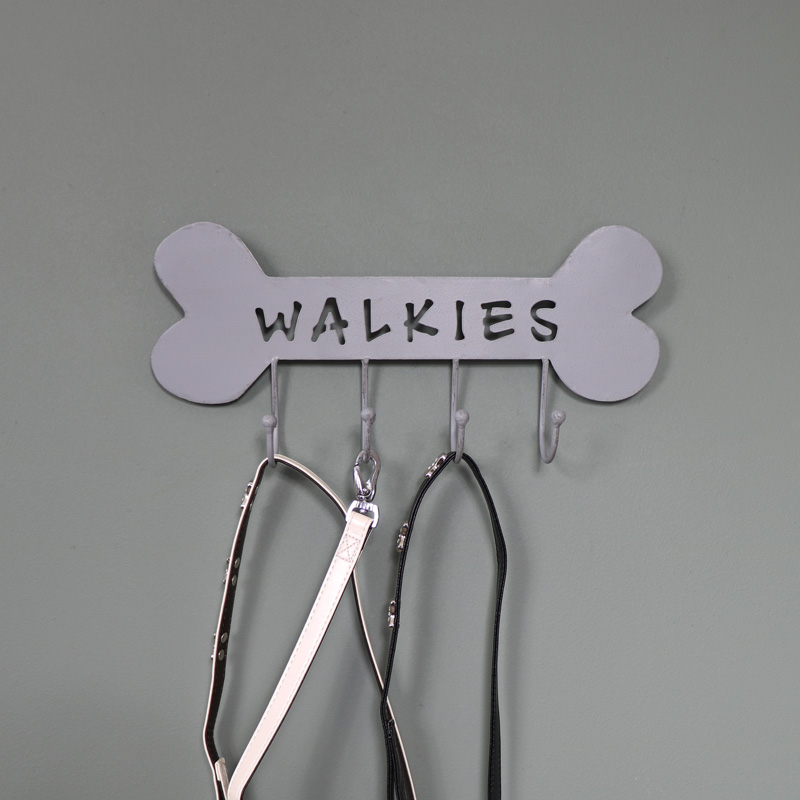 Grey Metal "Walkies" Dog Wall Hooks