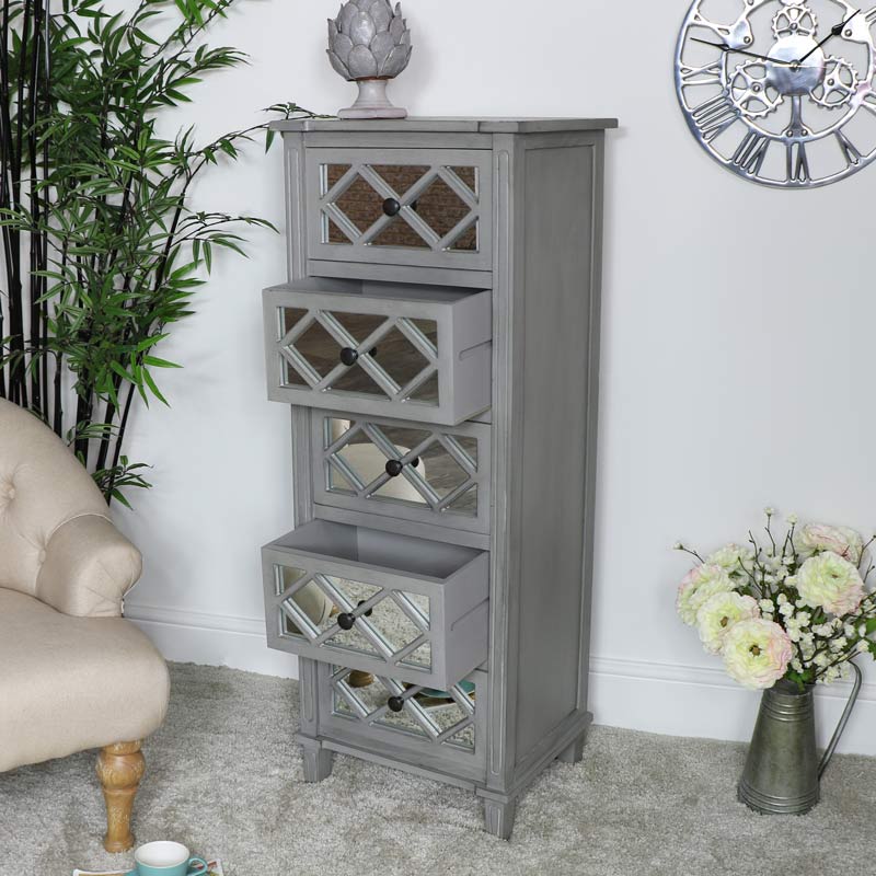 Grey Mirrored Tallboy Chest of Drawers - Vienna Range DAMAGED SECOND 3265