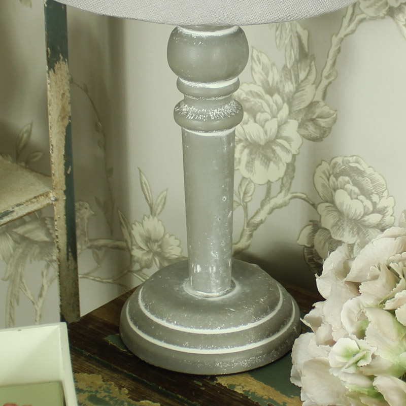 Grey Wooden Table/Bedside Lamp with Beige Linen Shade